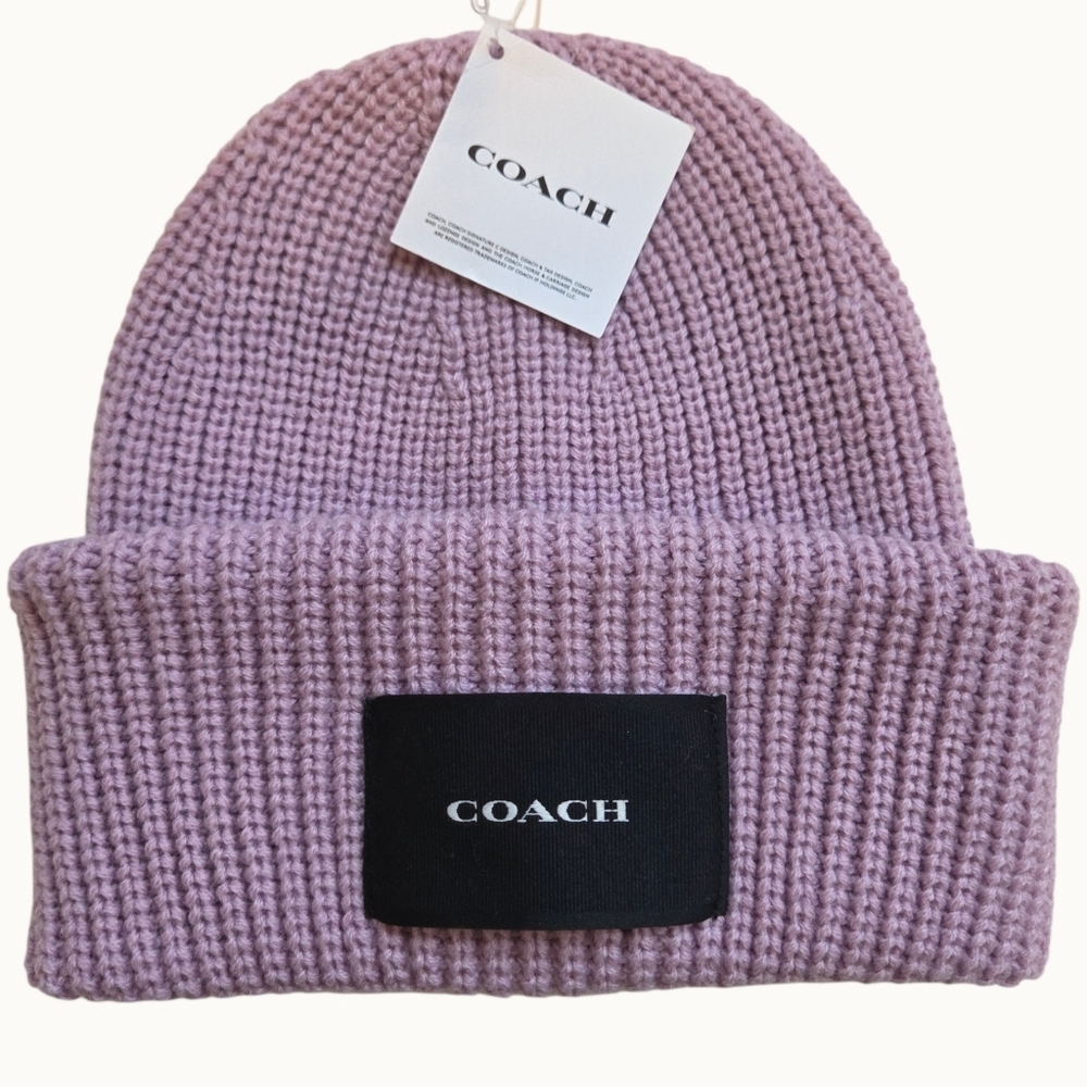NWT Coach Faded Pink Ribbed Knit Beanie with Woven Logo Patch